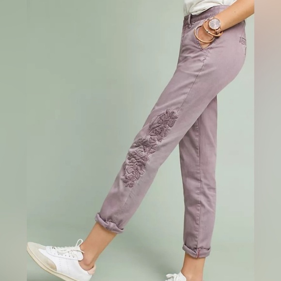 Chino by Anthropologie Lavender Embroidered Chino Pants, Size 25 - Picture 2 of 9